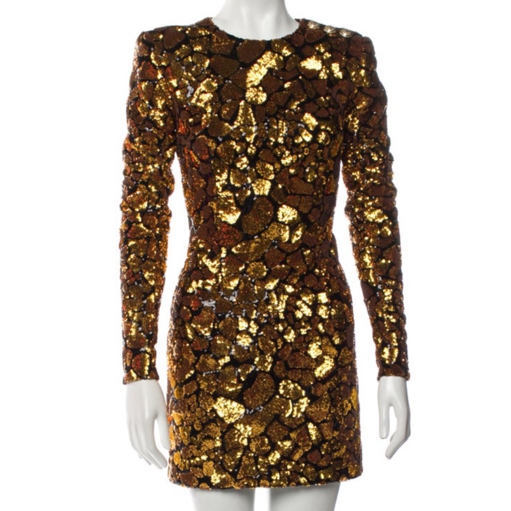 Balmain Gold Sequin Long Sleeve Dress